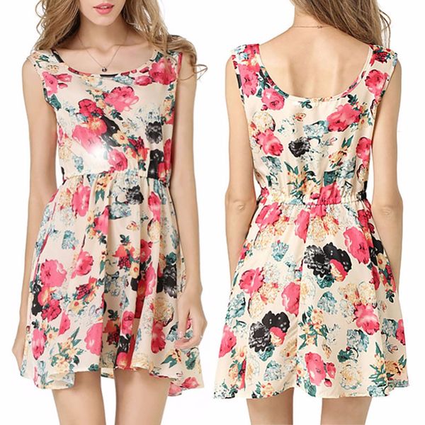 

elegant women o-neck ultra-thin dress sleeveless floral printed chiffon casual elastic waist bohemian beach dresses #72981, Black;gray