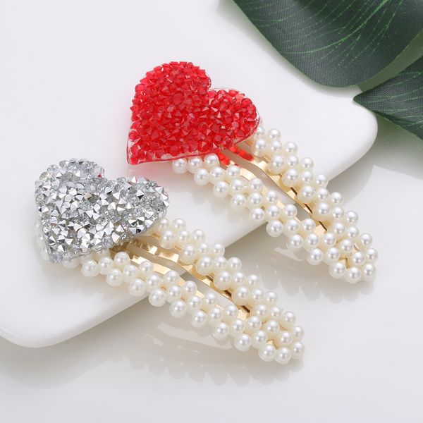 

1pc fashion full rhinestone heart-shaped pearl hair clip for women elegant snap barrette stick hairpin hair styling accessories