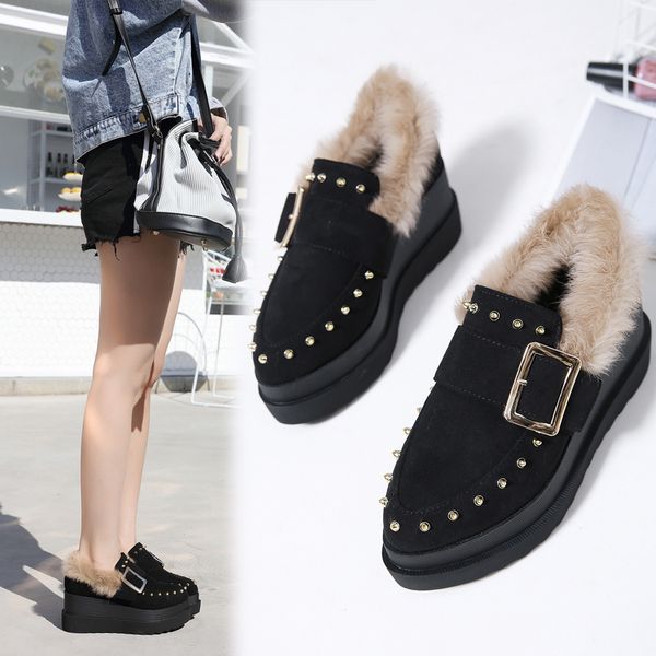 

woman fur shoes rivet wedge oxfords metal buckle pointed toe loafers winter platform slip on sneakers flock zapatos mujer, Black