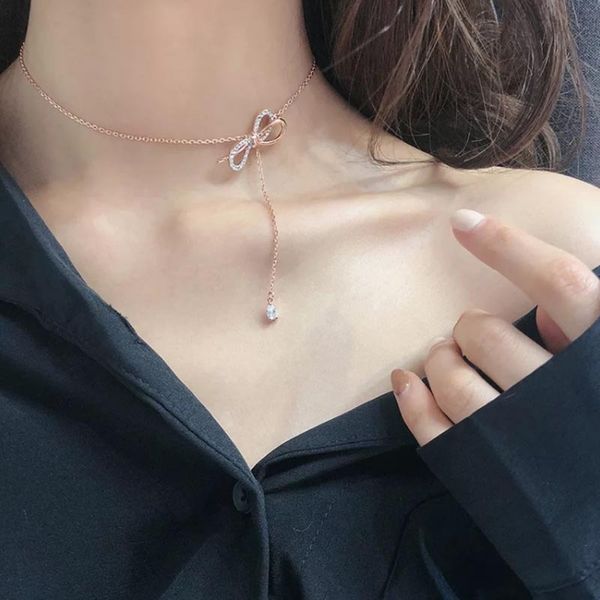 

bow necklace clavicle chain rose gold tassel pendant, Golden;silver