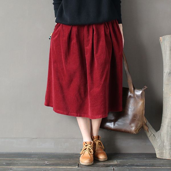 

johnature 2020 new spring women cotton corduroy skirt vintage elastic waist autumn winter thick warm skirts, Black;gray