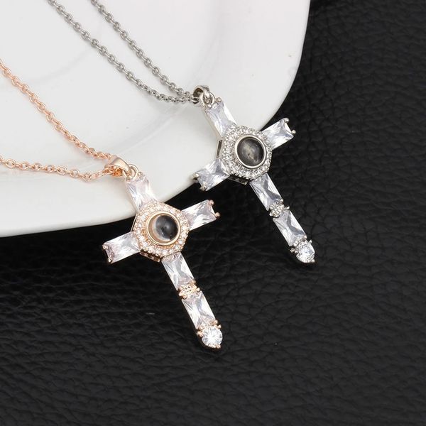 

100 languages i love you projection necklaces cross pendant copper material necklace chain for women girls choker jewelry gift, Silver