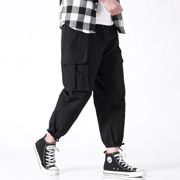 

spring new tooling wind pants men fashion elastic waist drawstring casual trousers man streetwear hip hop loose overalls male, Black