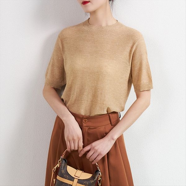 

bright silk shining single wearing base is brilliant simple silk leggings sequins versatile sequins round collar knitted top, White