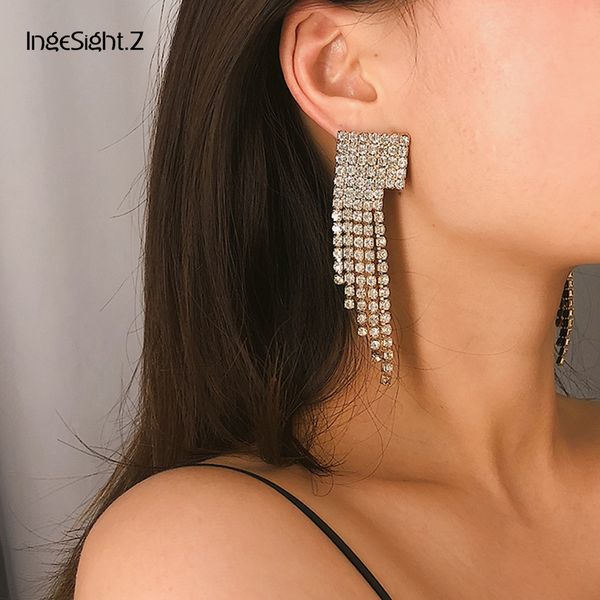 

ingesight.z luxury shiny crystal long tassel earrings statement rhinestone drop dangle earrings women jewelry wedding bricons, Silver