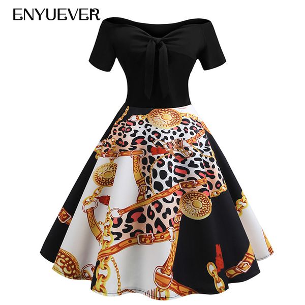 

enyuever vintage dress women spring 2019 short sleeve off shoulder swing black patchwork floral chain print vestido casual dress, Black;gray