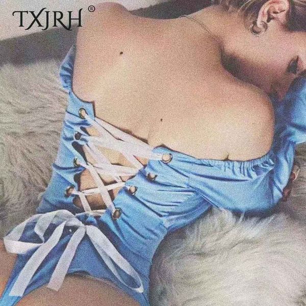 

txjrh back cross bandage tied bow body siamese fit short sleeve rompers bodysuits fashion slim undershirt playsuits 3 color, Black;white