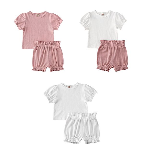 

2020 newborn ribbed knitted 2pcs baby girls summer clothes short sleeve +ruffle pants shorts toddler infant cotton outfits, White