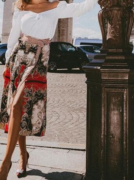 

этническая плиссированная женская юбка с цветочным принтом и высокой талией, юбка-миди с высокой талией, лето 2019, Black