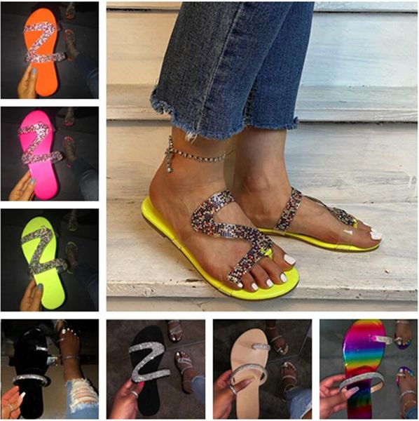 

2020 summer women diamond slipper glitter flat slides bling bright shinny color flip flops beach bath slides water shoes us6-10.5 sized62203, Black;grey