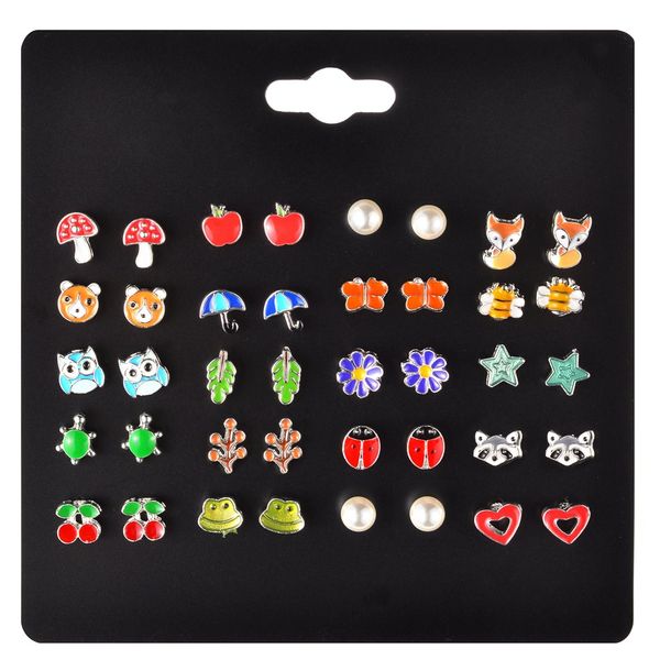 

горячие продажи дизайнер серьги 20 пар набор милый фрукт небольшое животное сочетание серьги набор мода популярные женщины ювелирные изделия, Golden;silver