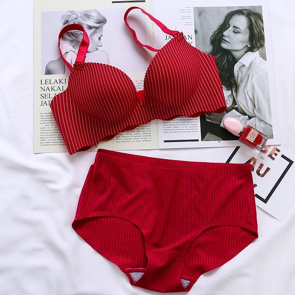 

fashion bra brief set for women seamless bras panties push up lingerie wireless bralette striped brassiere female underwear #d, Red;black