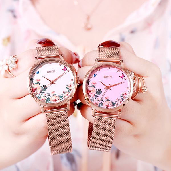

montre femme 2019 women watches luxury rose gold flower ladies dress wristwatch fashion bracelet watches for woman clock gift, Slivery;brown