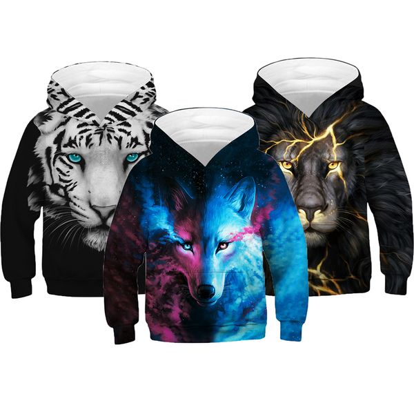 

lion wolf tiger unicorn hoodies for boy girl teens spring hooded boys sweatshirt kids sportswear clothes children pullover, Black