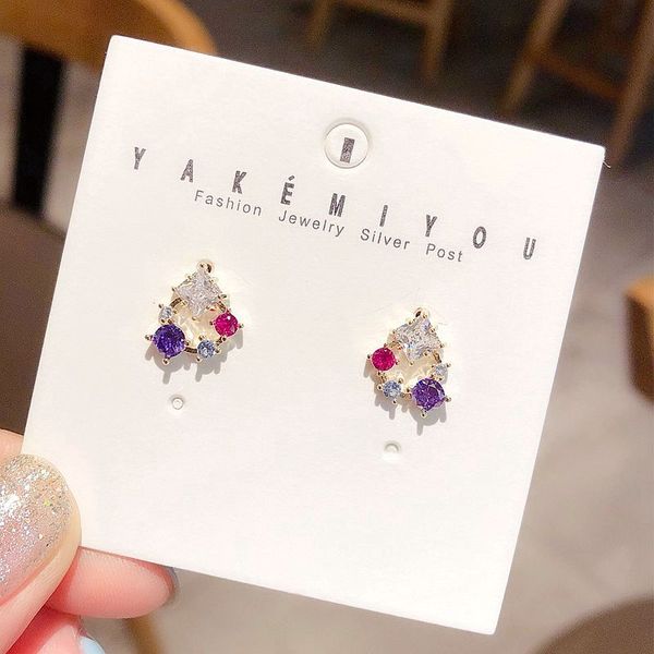 

korean style small geometric stud earrings gold color colorful cubic zircon stone earrings for women, Golden;silver