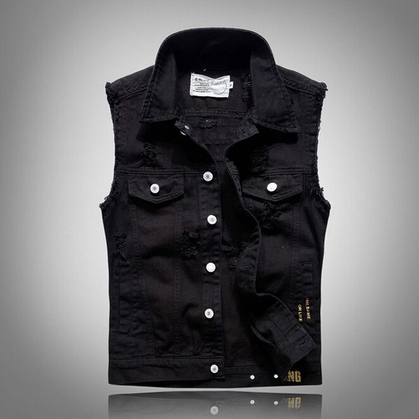 

2019 men denim vest hole sleeveless jean jacpersonality slim wave men's cowboy horse clip cowboy vest black print, Black;white