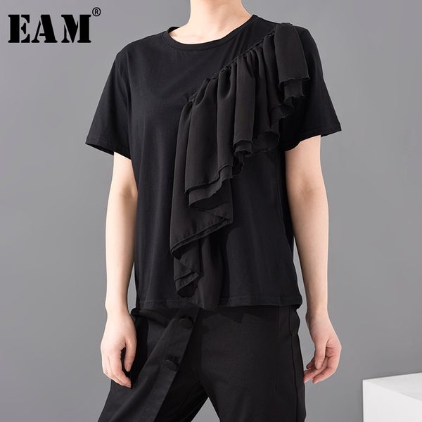 

eam] women black white irregular ruffles stitch t-shirt new round neck short sleeve fashion tide spring summer 2020 1t89901