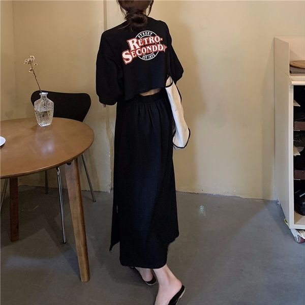 

2020 small machine hollowed-out waist letter printing round collar split long short-sleeved t-shirt female 2020 small machine hollowed-out w, White