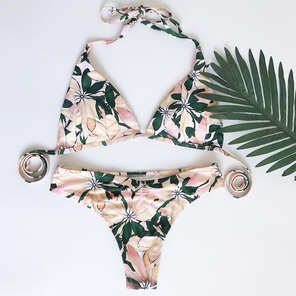 

women leaves print vintage retro bikini flounced ruffles swimwear push-up pad swimwear summer beach bathing beachwear set, White;black