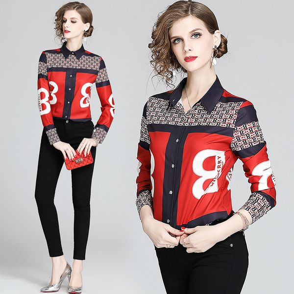 

elegant fashion letter printed womens designer shirts long sleeve 2020 spring summer ladies casual office blouses button lapel neck new, White