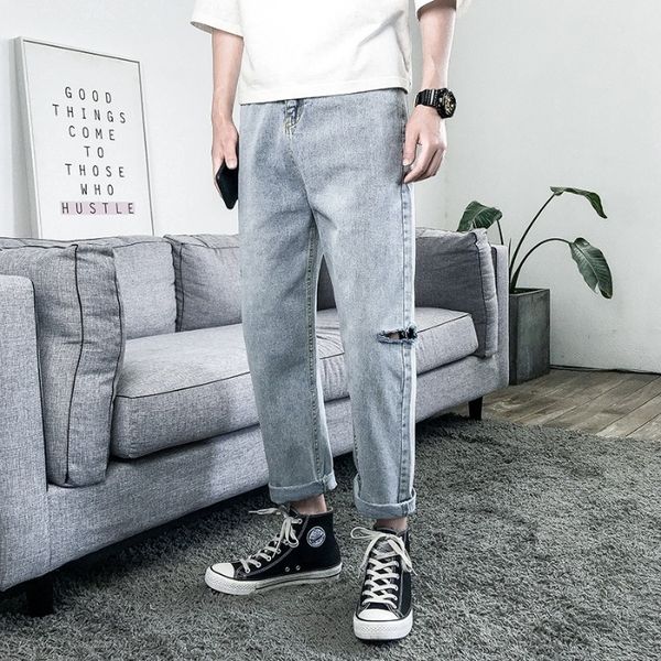 

2019 new boutique casual hole skinny jeans men straight denim jeans male pants, Blue