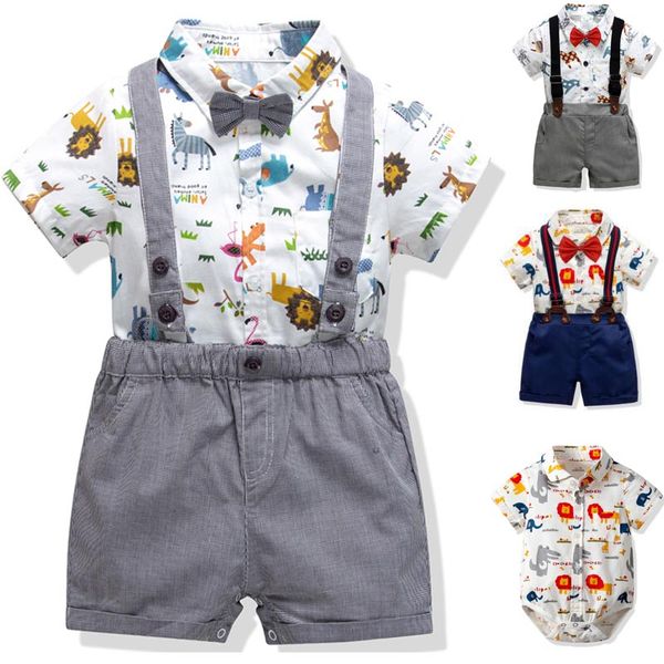

джентльмен мальчик детская одежда детские летние комплекты с принтом животных отложным воротником с коротким рукавом ползунки + короткие ком, White