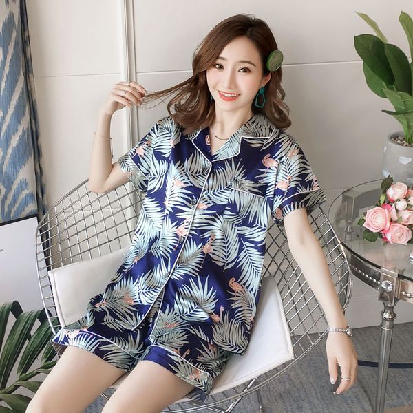 

summer short sleeve pajamas silk set 2 pcs set elegant women print pajama nightwear femme sleepwear short pant pijamas, Blue;gray