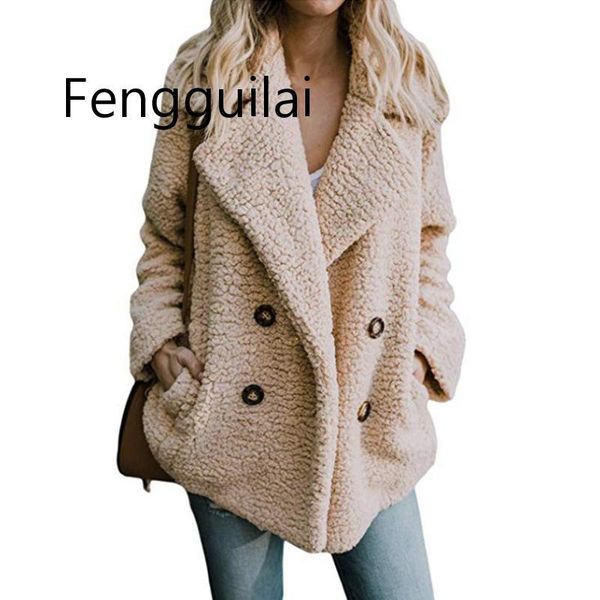 

2020 winter solid coat women autumn wide lapel loose warm outwear female casual jumper ladies loose blend coat faux fur ladies, Black