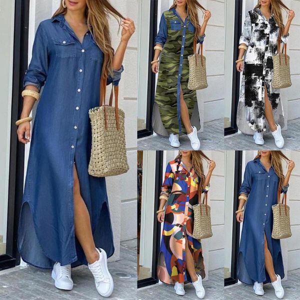 

fashion women long sleeve slitting hem pockets single-breasted maxi shirt dress, Black;gray