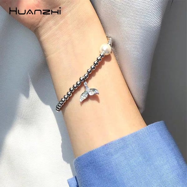 

huanzhi fishtail chic silver color metal dots bangles imitation pearls vintage rhinestone chain bracelets for women girl jewelry, Black