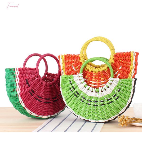 

watermelon shape fruit beach bag abs weaving straw bag wood handle handbags ladies round straw bags moon shaped wrapped bags