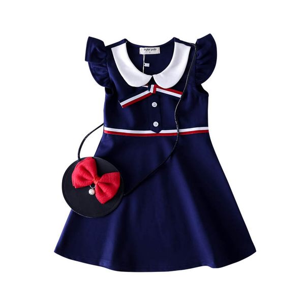 

retail baby girl dresses flying sleeve bows casual cotton dress princess dresses for kids designer clothes girls dress boutique clothing, Red;yellow