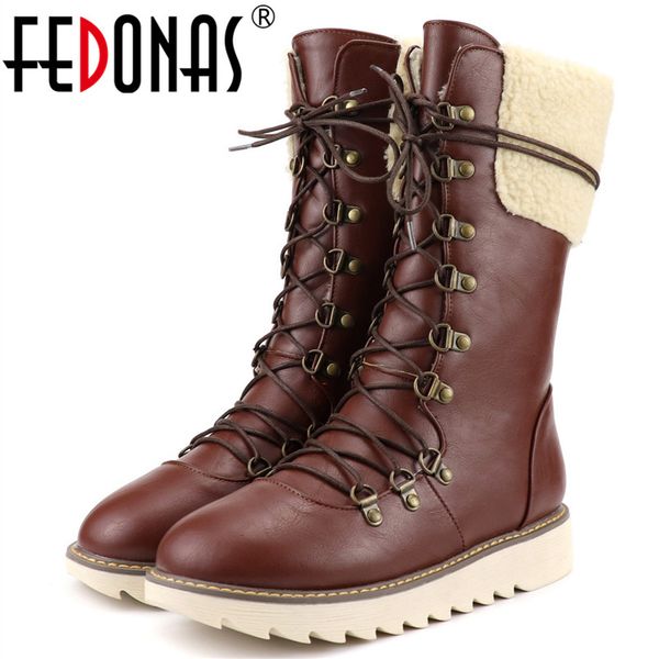 

fedonas winter new pu leather warm women mid-calf boots classic platform snow boots casual shoes woman big size riding, Black