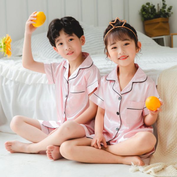 

new girls pajamas summer short sleeve children's sleepwear pure color set silk boys pyjamas sets for kids nightwear set, Blue;red