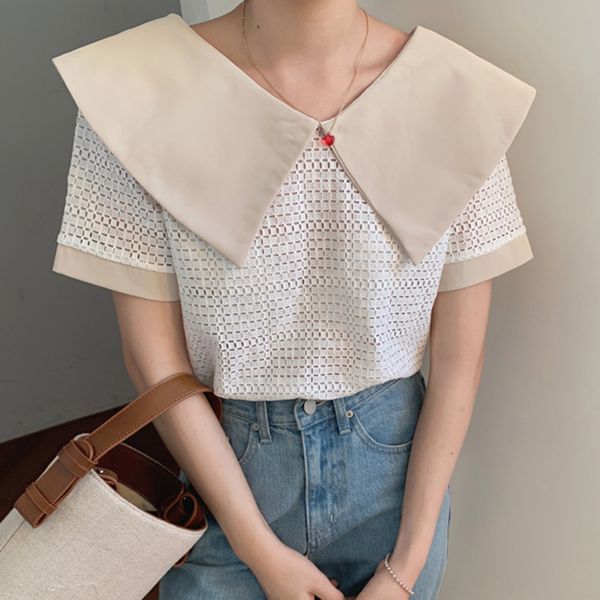

women's blouses & shirts [ewq] 2021 summer simple turn-down collar short sleeve lace openwork mesh shirt ladies korea loose blouse wome, White