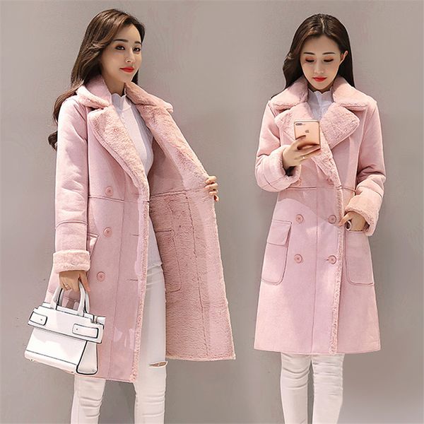 

gowyimmes autumn women oversize suede coat warm winter midi long add velvet coat casual long sleeve jacket windproof outwear 632, Black;white