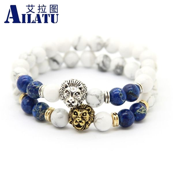 

ailatu 8mm white howlite & blue sea sediment imperial stone beads lion head bracelets wholesale, Golden;silver