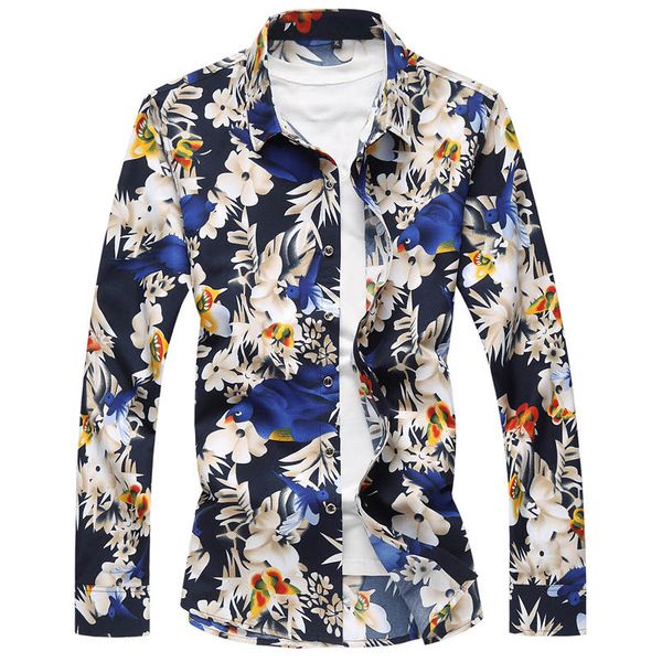 

2019new shirt men clothing -7xl long sleeve flower print mens dress shirts summer new casual hawaii male shirt camisa masculina, White;black