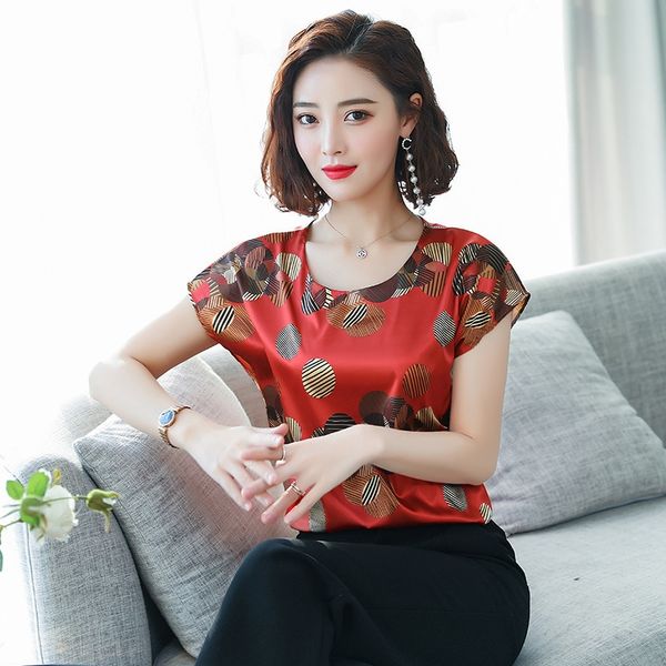 

elastic t-shirt satin women's short-sleeved printed summer dress women's slim round collar bat sleeve t-shirt, White