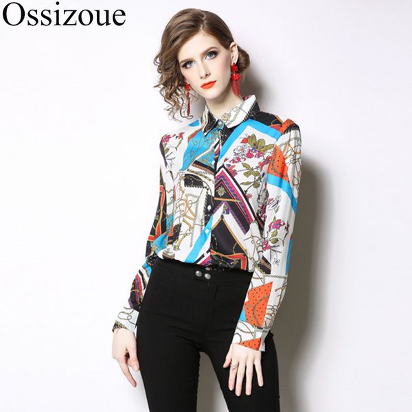 

2019 womens and blouses runway shirt women long sleeve shirts print vintage blusa feminina manga comprida, White