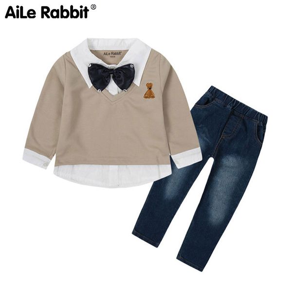 

2019 boys clothes set bow tie long sleeve jeans 2 piece set children's clothes for boys cartoon bear pattern fashion, White