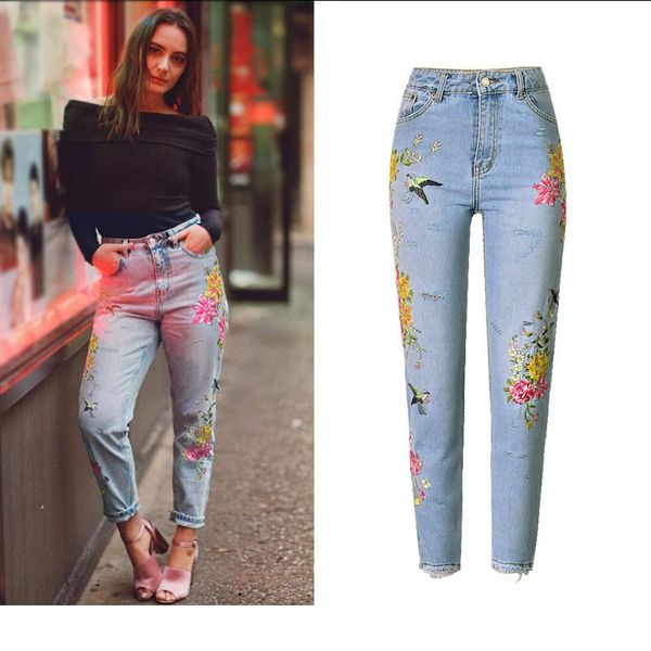 

casual women straight jeans embroidery flower ripped high waist pants female streetwear denim pants, Blue