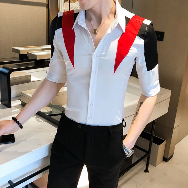 

fashion 2020 summer half sleeve men shirt patchwork color slim fit mens casual shirts streetwear slim fit tuxedo dress men 3xl, White;black