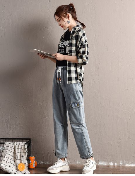 

light blue elastic waist jeans female spring loose harlan nine points of the leg tooling straight hair thickening joker torre pants