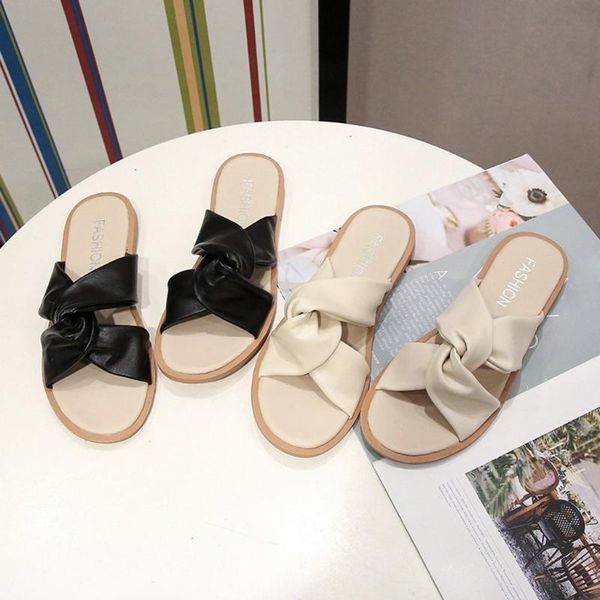 

sagace women slippers solid color cross soft-bottomed flat slippers summer fashion slipper shoes outside beach casual shoes, Black