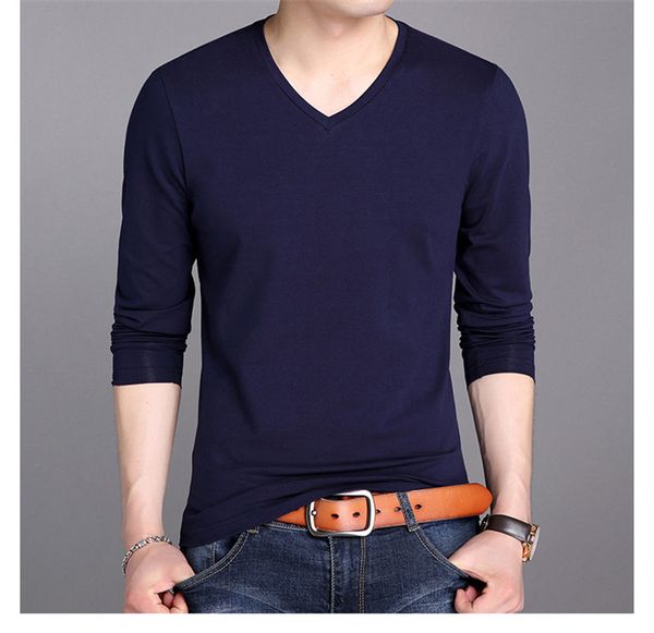 

mens designer tshirts pure color long sleeved v neck slim tees spring teenagers cotton casual clothes, White;black