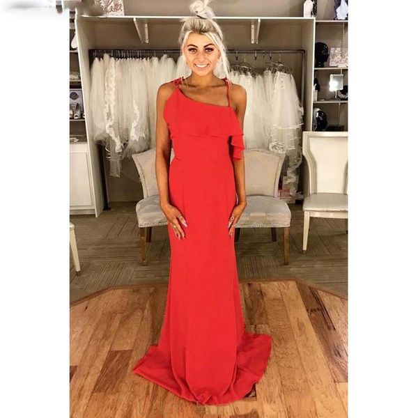 

evening gown red satin spaghetti strap backless ruffled sweep train mermaid prom dress vestido de noche, Black;red