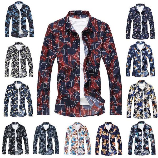 

hawaiian shirts for men plus size shirts men dress flower print shirt turn down collar long sleeve male camisa, White;black