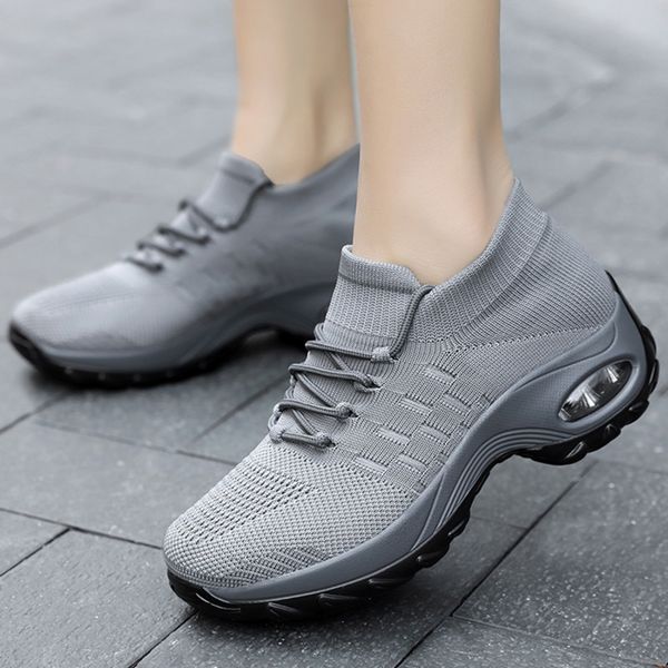 

classic grey sport shoes ladies fashion wedge sneakers sock platform footwear wedges women walking shoes wedges zapatos de mujer, Black