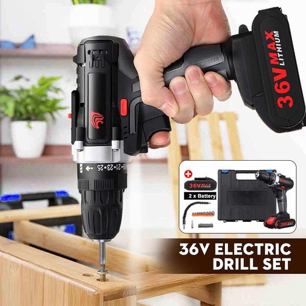 

36v cordless screwdriver led electric screwdriver drill power tools handheld drill lithium battery rechargeable + 2 batter